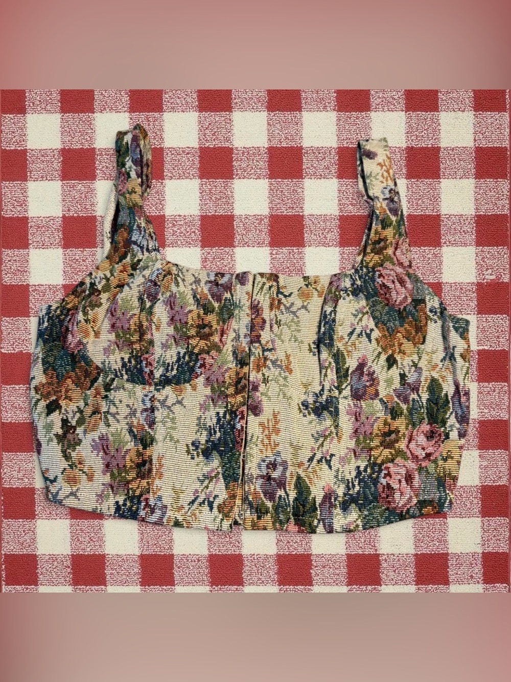 Floral Cropped Tank Top in Cream with Multicolor Blooms